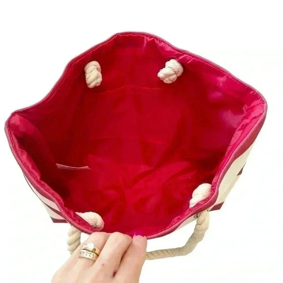 Oversized Canvas Tote Bag Rope Handle Beach Travel Carryall Red Cream Stripes - Picture 6 of 13